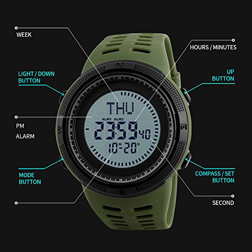 Men's Outdoor Survival Sports Digital Led Watches With Compass 5ATM Water Countdown 3 Alarm Stopwatch (Army Green)