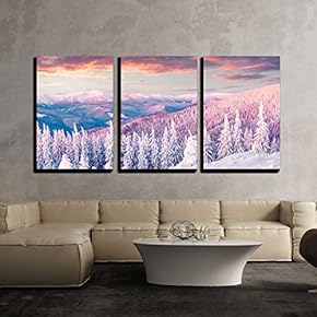 3 Piece Canvas Wall Art - Colorful Winter Sunrise in The Carpathian Mountains. - Modern Home Art Stretched and Framed Ready to Hang - 16"x24"x3 Panels