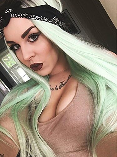 Rongduoyi Natural Looking Long Silky Straight Lace Front Wig Synthetic Wigs For Women Heat Resistant Fiber Hair Ombre #1b/Green 26Inch