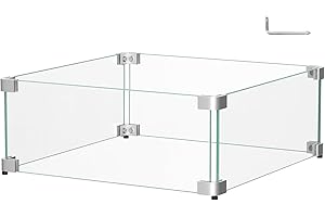BriSunshine 16" x 16" x 6" Glass Wind Guard for Propane Gas Fire Pit Table, Square Thick Tempered Glass Shield, Firepit Glass Barrier with Aluminum Corner Bracket & Rubber Feet