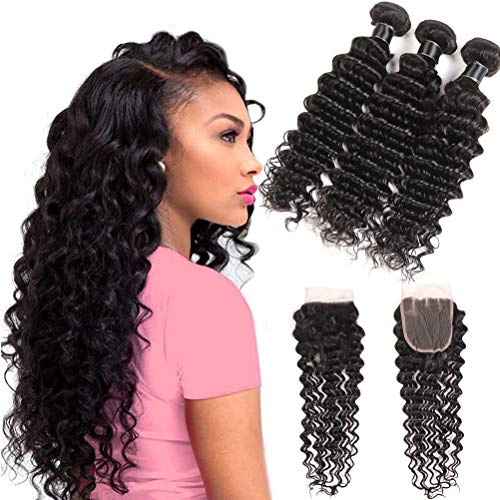 Miss Flower Human Hair Deep Wave Bundles With Closure(12 14 16+10 closure), Premium Peruvian Deep Curly Hair With Closure Unprocessed Human Hair Extensions Bundles And Closure Free Part