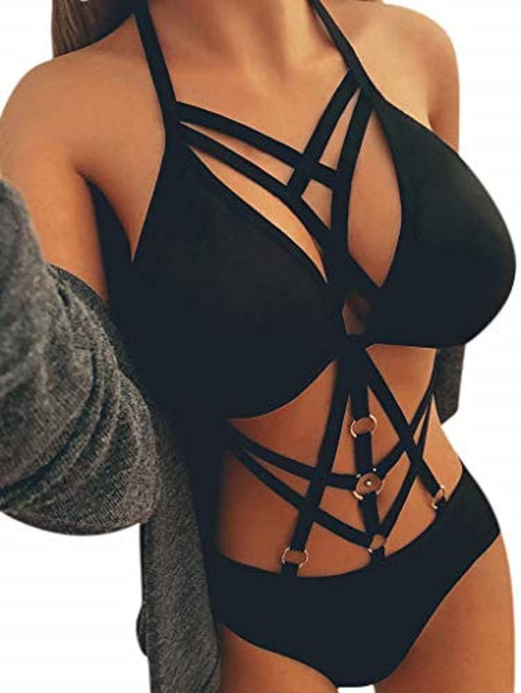 KESEELY Women Leather Button Lingerie Sexy Bandage Clubwear