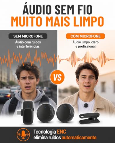 Microfone de Lapela Sem Fio com Estojo de Carregamento, 2 Microfones, USB-C e Lightning, Redução de Ruído ENC, Plug and Play, 20m de Alcance para iPhone, Android, Notebook, Tablet e Câmera