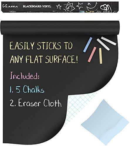 Extra Large Chalkboard Decal Wall Sticker By Kassa (Black) 5 Colored Chalk and Eraser Cloth Included - Blackboard Contact Paper Vinyl Chalk Board Pai