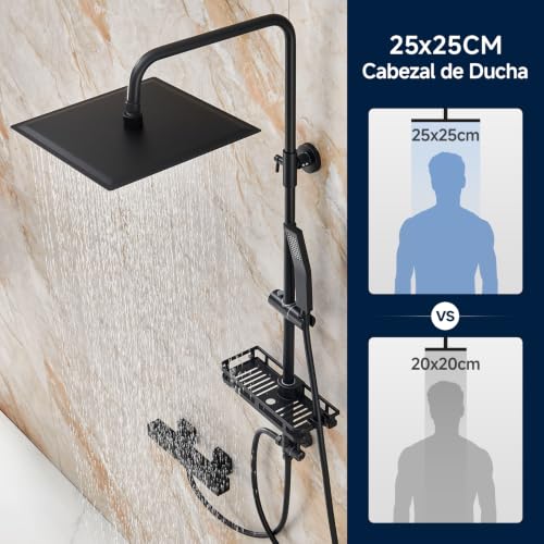 Auralum Columna Ducha Sin Grifo, Rociador de Ducha 25x25cm Acero Inoxidable 304, Alcachofa Ajustable y Estante Sin Taladro, Barra Ducha 62-102cm Compatible Orificios Existentes para Bañera, Negro