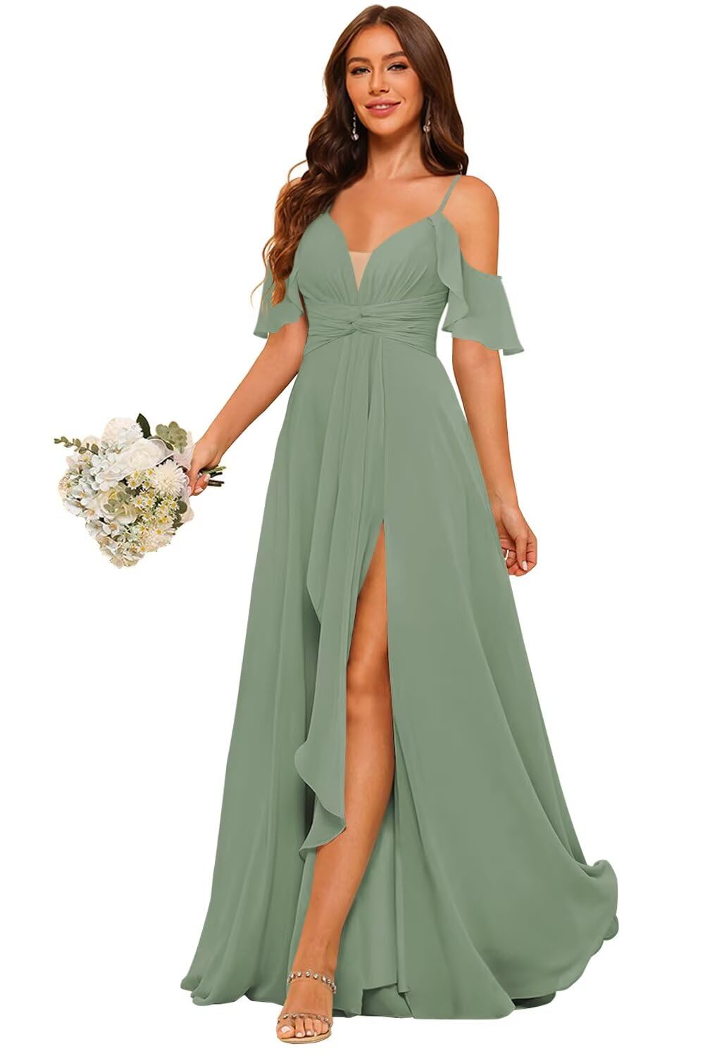 Photo 1 of Loyeloy Eucalyptus Off The Shoulder Bridesmaid Dresses with Slit 2025 Chiffon Ruched Waist Bridesmaid Dresses for Women Evening Party Gowns Size 16
