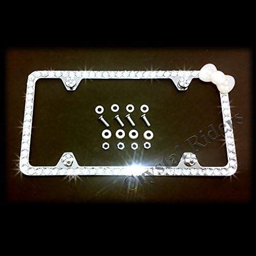 Bling License Plate Frame Glittery White Bow with 4 Anti Theft Screw Caps 75 Giant Crystals Clear Metal Holder Sparkly Sparkle Custom Hand Made Hand Crafted Kitty