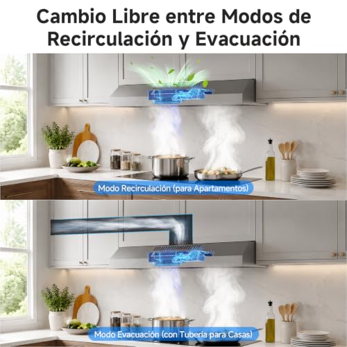 AAOBOSI A++ Campana Extractora 60 cm, 3 Niveles de Potencia, 230m³/h Extractor Cocina, Filtro de Carbón, Iluminación LED, Acero Inox Silver