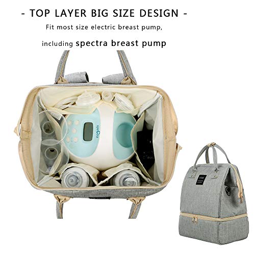 Breast Pump Backpack - Cooler and Moistureproof Bag Double Layer for Mother Baby Bottle Breast Milk Pump Breastfeeding Outdoor Working Backpack with USB Charging Port, Large (Grey)