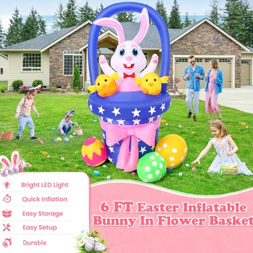 Easter Inflatable Bunny Outdoor Decorations, Blow Up Easter Rabbit with Basket, Chick & Colorful Eggs, Built-in LED Lights Yard Decoration for Indoor Outside (6FT Bunny with Basket)