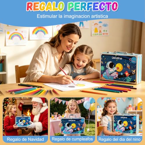 ZZBIFRJ Set de Arte Profesional Plegable de Aluminio, 145 Piezas Kit de Dibujo en Color, Lapices de Colores Profesionale Ideal Regalo para Niños (Astronautas)