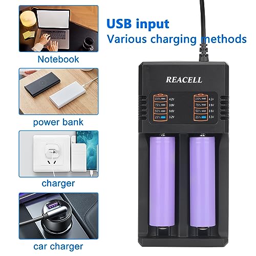 REACELL 18650 Battery Charger, Universal Fast Dual Charge Battery Charger for 3.7V/3.6V Li-ion Rechargeable Batteries 18650 18500 18490 18350 17670 17500 16340(RCR123) 14500 26650 22650 with USB Cable