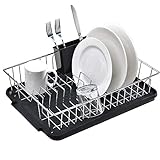 POPILION Quality Steel Kitchen Sink Side Dish Drying Rack,Drain Rack Set(3-Piece) with Black Drainboard and Separate Box For Cutlery
