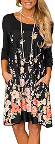 Oeyal Women's Floral Print Long Sleeve Knee Length Swing Tunic Dress with Pocket, Black, Large