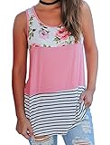 Halife Floral Tank Top Plus Size, Ladies Patchwork Striped Tunic Blouse Pink XXL