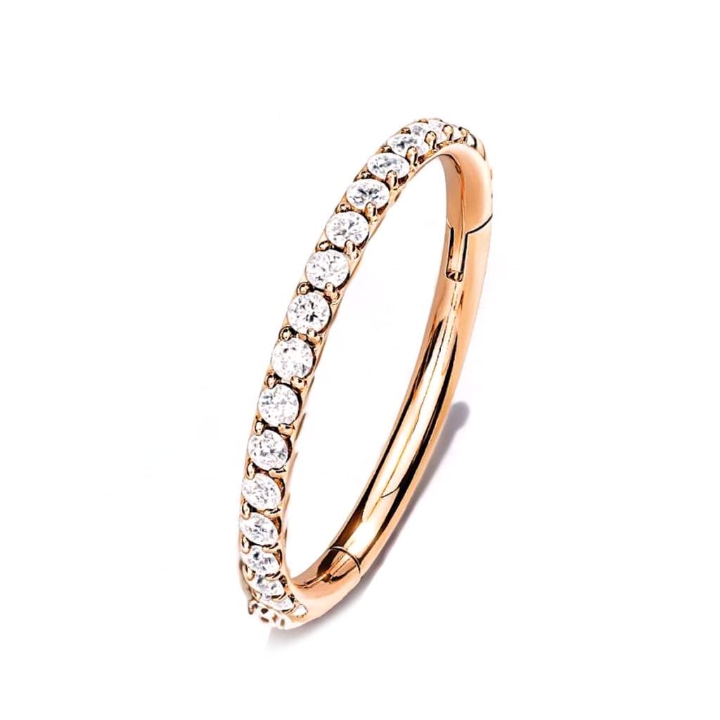 NewkeepsR 16G×12mm Rose Gold Diamante Surgical Steel Hypoallergenic Conch Piercing Jewellery Earring Hoop, Cartilage Clicker Segment Ring Rounded Clear Orbital Crystal Zirconia