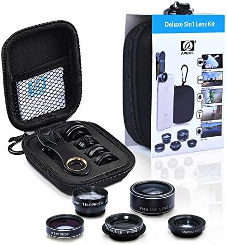 BPSMedia 5 in 1 HD Mobile Phone Camera Lens Kit, 198° Fisheye Lens, 0.63X Wide Angle Lens, 15X Macro Lens, 2X Telephoto Lens, CPL Lens, Universal Clip On Phone Lens for iPhone, Samsung &amp; Most Phone