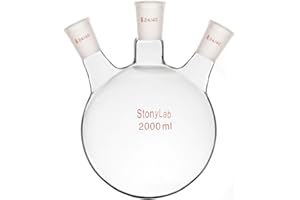 StonyLab Borosilicate Glass 3 Neck Round Bottom Flask RBF, with 24/40 Center and Side Standard Taper Outer Joint (2L)