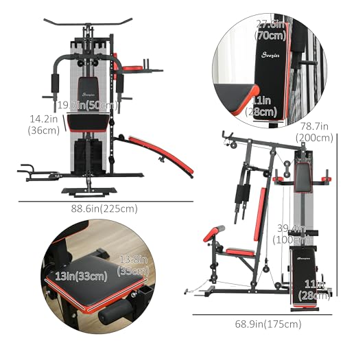 Soozier All-in-One Home Gym System, Multi Gym Workout Station with Weight Stack, LAT Pull Down, Sit up Bench, Push up Stand, Adjustable, for Full Body Training