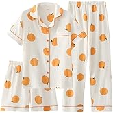 codcm Womens 3pcs Cotton Pajamas Set Short Sleeve Sleepwear Fruit Print Cute Pj Set with Long Pants