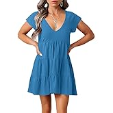 FOWSMON Women's Casual Summer Dress Sexy V Neck Short Sleeve Flowy Ruffle 2026 Trendy Short Mini Dresses