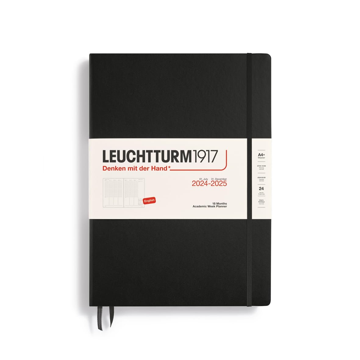 LEUCHTTURM1917 370814 Academic Weekly Planner 2025, Master A4+ Hardcover - 18-Month Calendar, Lined - Black, English