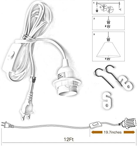 OYGROUP 12Ft Extension 360W Cable Cord Hanging Lantern Light with UL Listed On/Off Button Switch+E26/E27 Lamp Socket+Hooks+ 2-Prong US AC Power Plugs Lighting Fixture Kit without Bulb Lampshade Box
