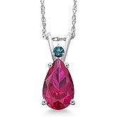 Gem Stone King 14K White Gold Red Created Ruby and Blue Diamond Pendant Necklace for Women | 2.24 Cttw | Gemstone July Birthstone | Pear Shape 10X7MM | With 18 Inch Chain