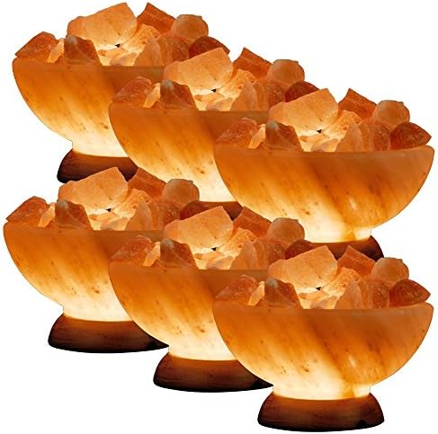 SpiritualQuest Abundance Bowl Salt Lamp Pack, 6 Natural Himalayan Crystals, Medium 6-8โ / 6-7 lbs, with Sturdy Rose Wood Base, 15-Watt Light Bulb and Mood-Setting Dimmable and UL Approved Chord