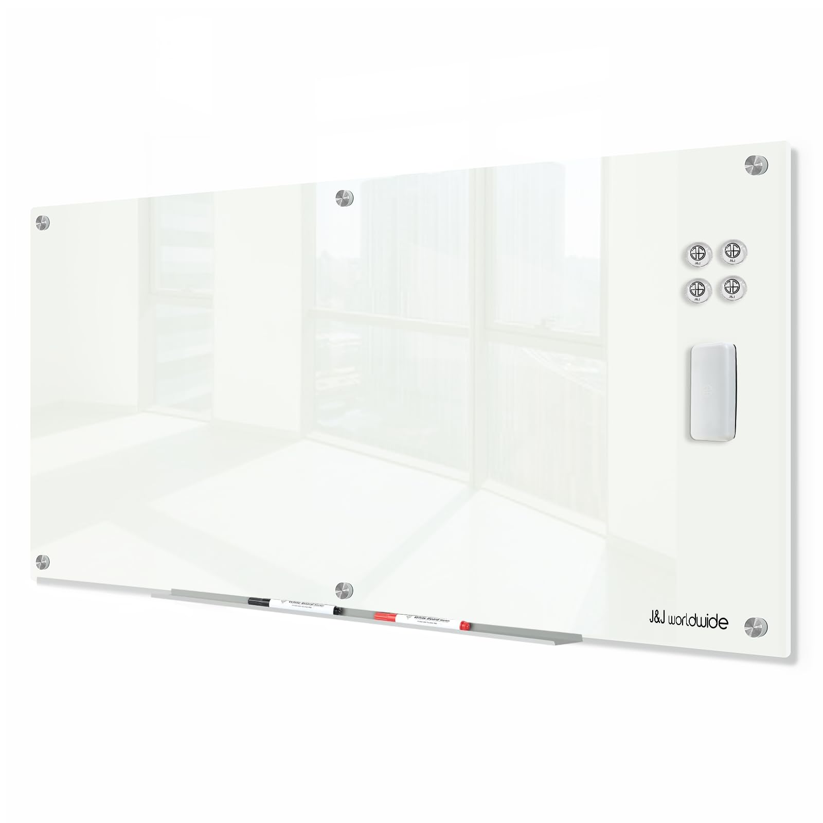 Photo 1 of J&J worldwide Glass Dry Erase Board 6' x 3', Glass Whiteboard Magnetic, Large Frameless Glass White Boards for Walls, Includes Magnets, Marker Tray, Eraser for Office, Home, School