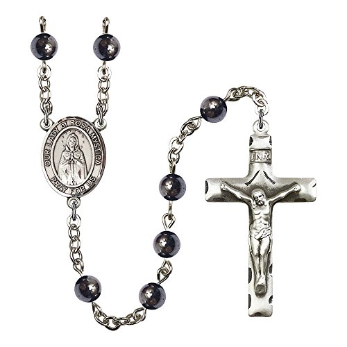 Our Lady of Rosa Mystica Silver-Plated Rosary 6mm Hematite Beads Crucifix Size 1 3/4 x 1 medal charm