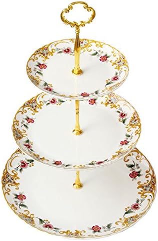 FlorisHome Fine Bone China European Style Flower and Gold Trim 3-Tier Dessert Plates Dessert Stand Fruit Plates Cake Plates Cake Stand for Wedding, Party and Dinner with Elegant Gold Steel Handle
