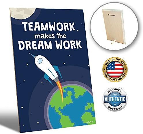 ZENDORI WOOD ART Inspirational Office Decor 'Teamwork Makes The Dream Work' (6 x 9, Rocket Navy)