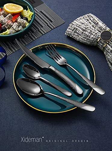 Xideman® Juego de cubiertos modernos martillado con cuchillo serrado 2 en 1 ultra afilado, Cubertería de 16-piezas de acero inoxidable 18/10, Cubiertos Set chapados en titanio para 4 personas (Negro)