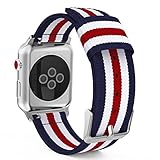 MoKo Band for Apple Watch Series 3 Bands, Fine Woven Nylon Adjustable Replacement Wristband Strap for iWatch 42mm 2017 series 3 / 2 / 1, Blue & White & Red (Not fit 38mm Versions)