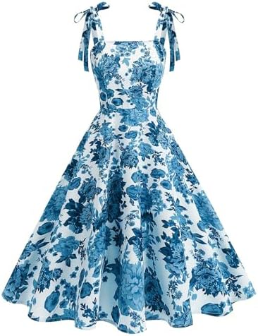 blue floral 50s dress Amazon.com: 50s Style Dresses for Women 1950s Vintage Floral Cocktail Swing Dress Spaghetti Strap Square Neck 1960s Audrey Hepburn Rockabilly Retro Church Flare A Line Casual Graduation Tea Party Gown Black S :
