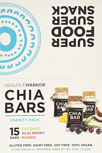 Health Warrior Chia Bars Variety Pack, Coconut/Acai Berry/Mango, 15 Count