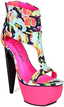 Women Floral Fabric T-Strap Ankle Cuff Angular Platform Lightening Bolt Heel CB14 - Pink Multi