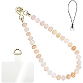 CH.yishi Handmade Natural Gemstone Crystal Beaded Charm Cell Phone Camera Lanyard, Hands-Free Wrist Strap, Phone Chain String, Keychain Decor for Walle (Pink Agate)