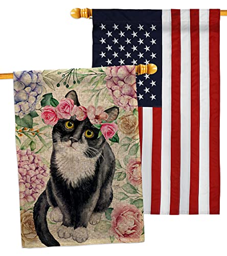 Breeze Decor Floral Tuxedo Cat Burlap House Flag Pack Kitten Meow Spoiled Paw F…