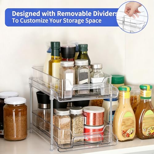 Yoawllty Under Sink Organizer,2 Tier Bathroom Cabinet Organizer,Clear Organizers storage with Dividers and Cups,Multi-Purpose Slide-Out Storage Container for Cabinet,Fridge,Kitchen,Makeup(2Packs）
