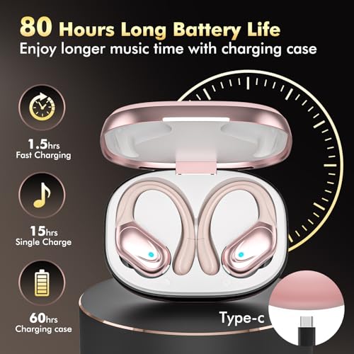 Wireless Earbuds, Sports Bluetooth Headphones, 80Hrs Playtime Ear Buds with LED Power Display, Noise Canceling Headset, IPX7 Waterproof Earphones for Workout/Running