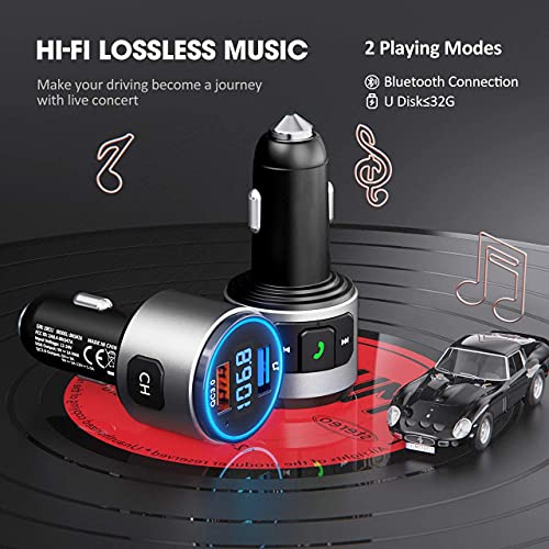 VicTsing Bluetooth FM Transmitter for Car, Bluetooth V5.0, QC3.0 Car Radio Audio Adapter with LED Backlit, Dual USB Charging, Hands-Free Calling, Car Bluetooth MP3 Player Supports USB Disk and Siri