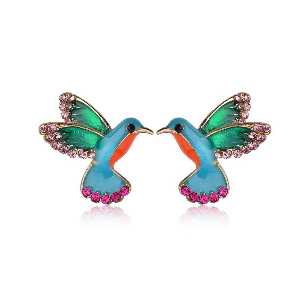 AILUOR Colorful Metal Cute Enamel Crystal Hummingbird Bird Stud Earrings, Animal Ear Studs Statement Jewelry for Women (Blue)