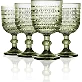 GOROGILE 12 oz Green Vintage Wine Glasses,Hobnail Drinking Glasses Set of 4,Embossed Goblet Glasses for Wedding,Party, Dinner,Bar