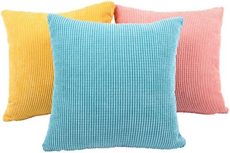Home Decorative Corduroy Square Throw Pillow Cases Protectors Cushion Covers for Sofa, Set of 3, 3 colors, 45 cm/15.75inch (18 × 18 Inch, Pink + Yellow + Blue)