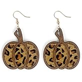 Halloween Pumpkin Wooden Dangle Earrings Handmade Lightweight Leopard Cow Print Leather Dangle Earrings for Women Glitter Thanksgiving Fall Drop Earrings Holiday Jewelry