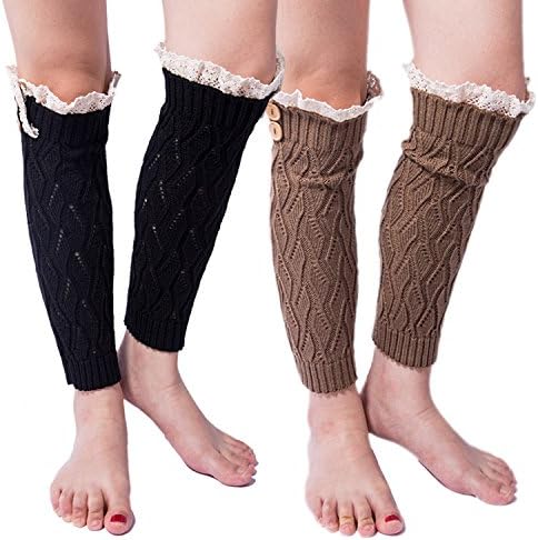 2 Pack of Womens Cable Knit Leg Warmers Knitted Crochet Long Socks (one size, 2 Pair(khaki+black))