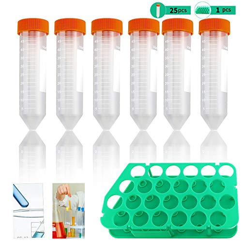 Twdrer 25 PCS 50ml Clear Plastic Graduated Conical Centrifuge Tubes with Screw Caps and Rack for Scientific Experiments