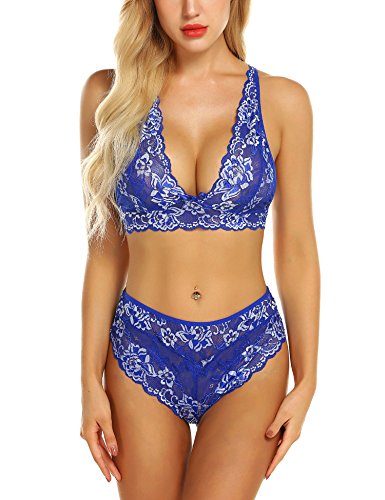Klier Women Lingerie Sexy Bra and Panty Set Hollow Out Cross Halter Floral Lace Babydoll 2 Piece Outfits
